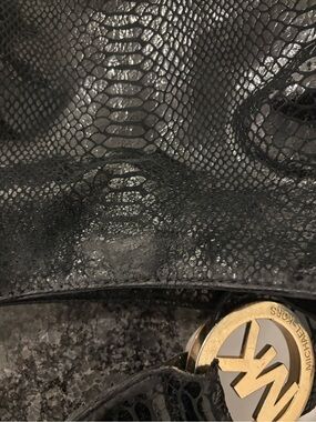 Michael Kors Black Croc-Embossed Leather Handbag with Gold MK Logo
